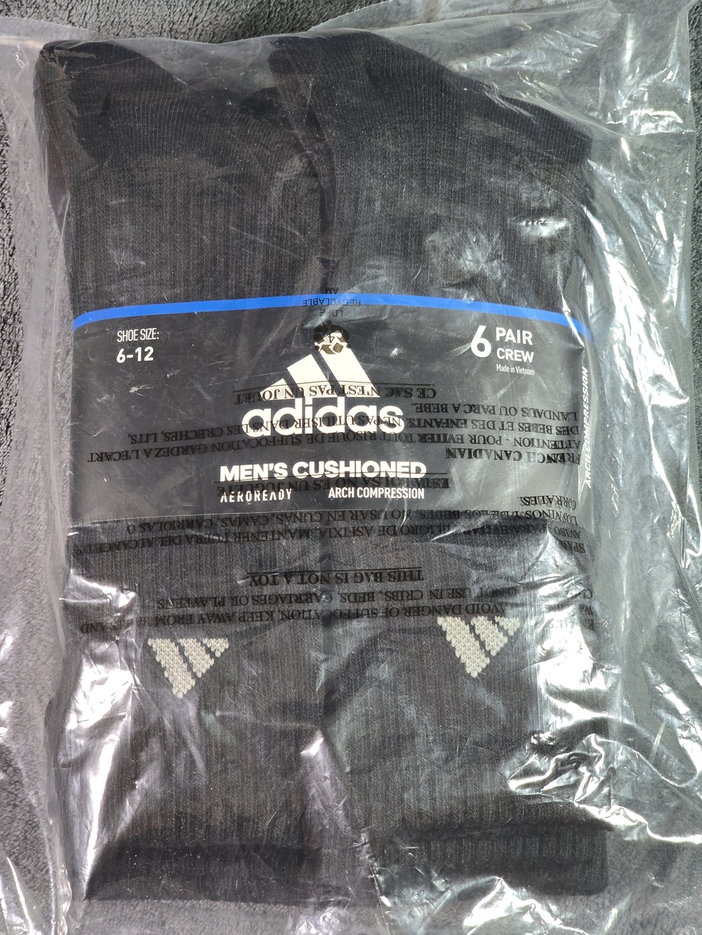 Adidas Men’s Cushioned Crew Socks - Black (6 Pack) - Size 6- 12